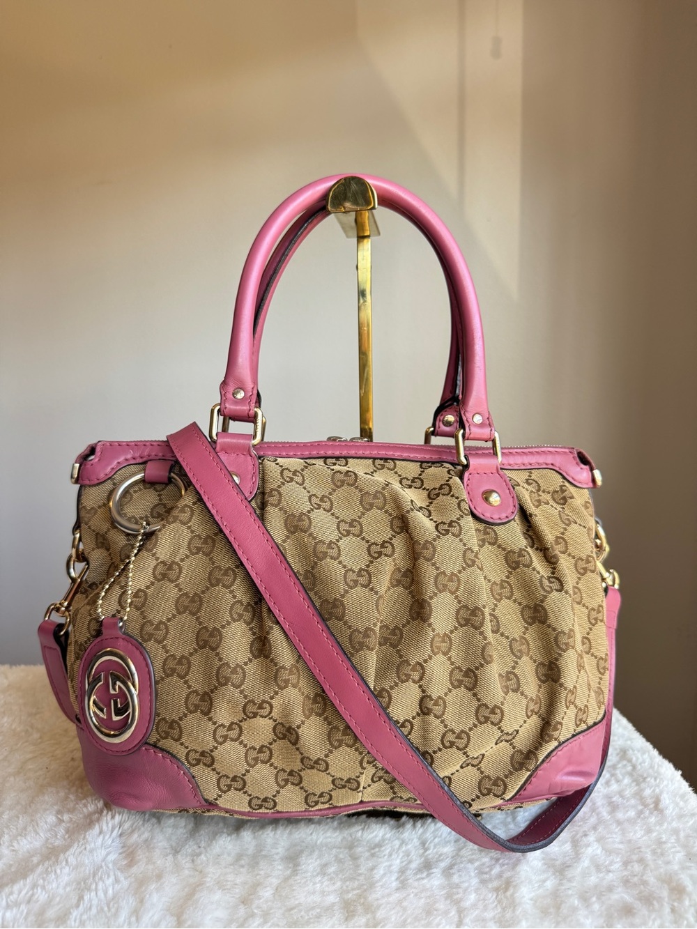 Gucci Sukey top handle with strap Pink Trim GG Canvas Satchel Bag